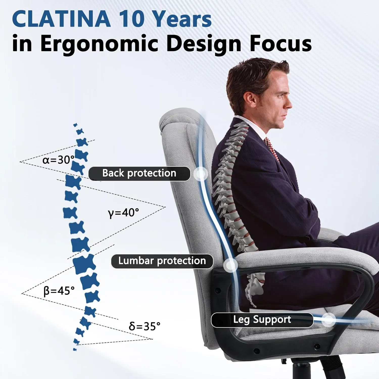 CLATINA Grey Cloth Office Chair Fabric Covered Desk Chair, Adjustable Height Swivel Chairs Ergonomic Executive Chair with Arms and Wheels Comfortable Upholstered, 350 LBS