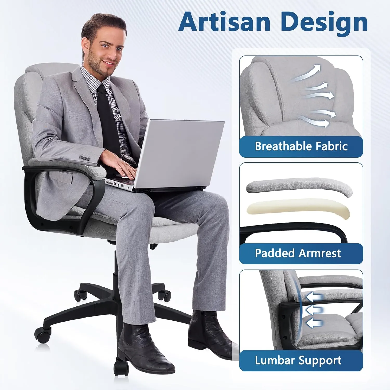 CLATINA Grey Cloth Office Chair Fabric Covered Desk Chair, Adjustable Height Swivel Chairs Ergonomic Executive Chair with Arms and Wheels Comfortable Upholstered, 350 LBS