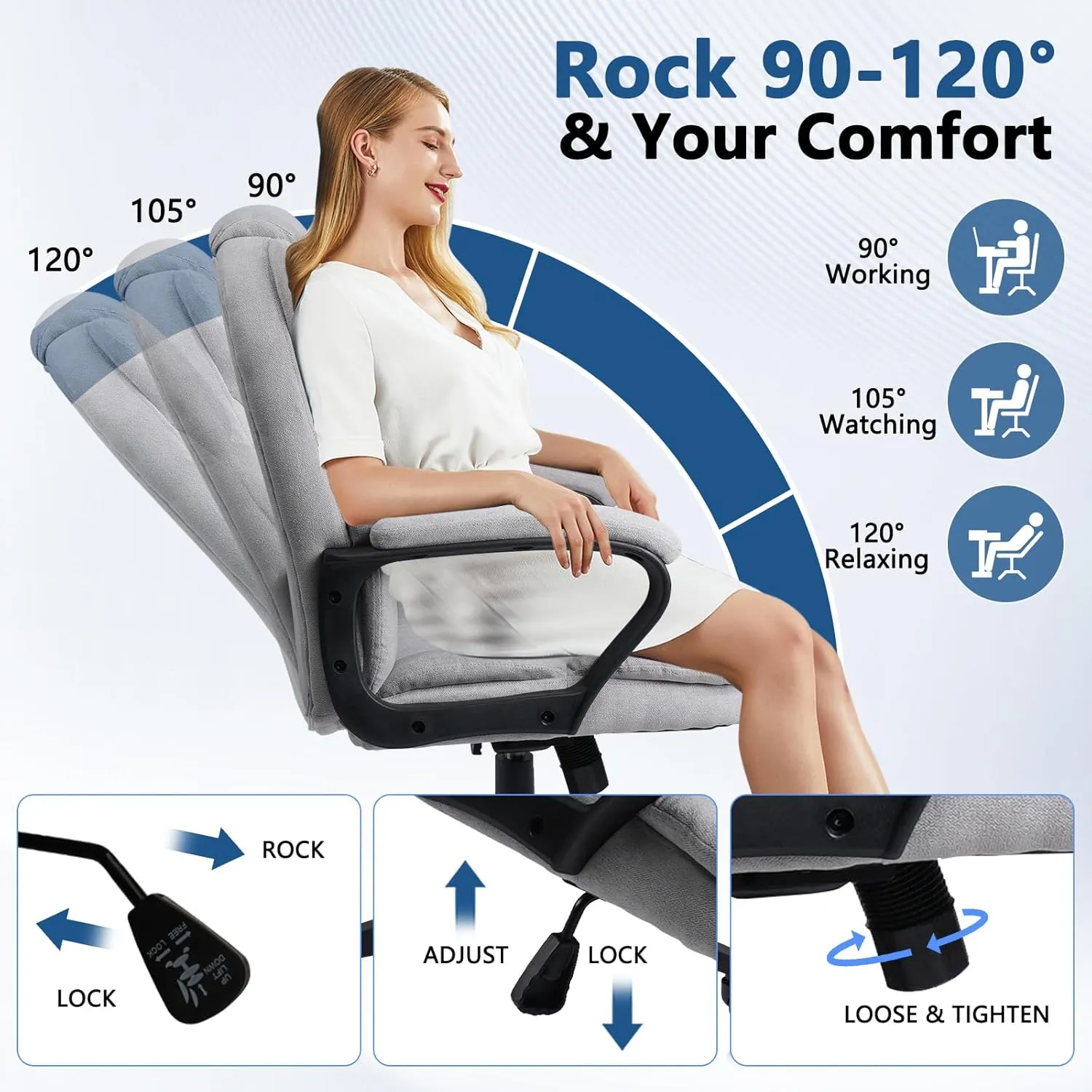 CLATINA Grey Cloth Office Chair Fabric Covered Desk Chair, Adjustable Height Swivel Chairs Ergonomic Executive Chair with Arms and Wheels Comfortable Upholstered, 350 LBS
