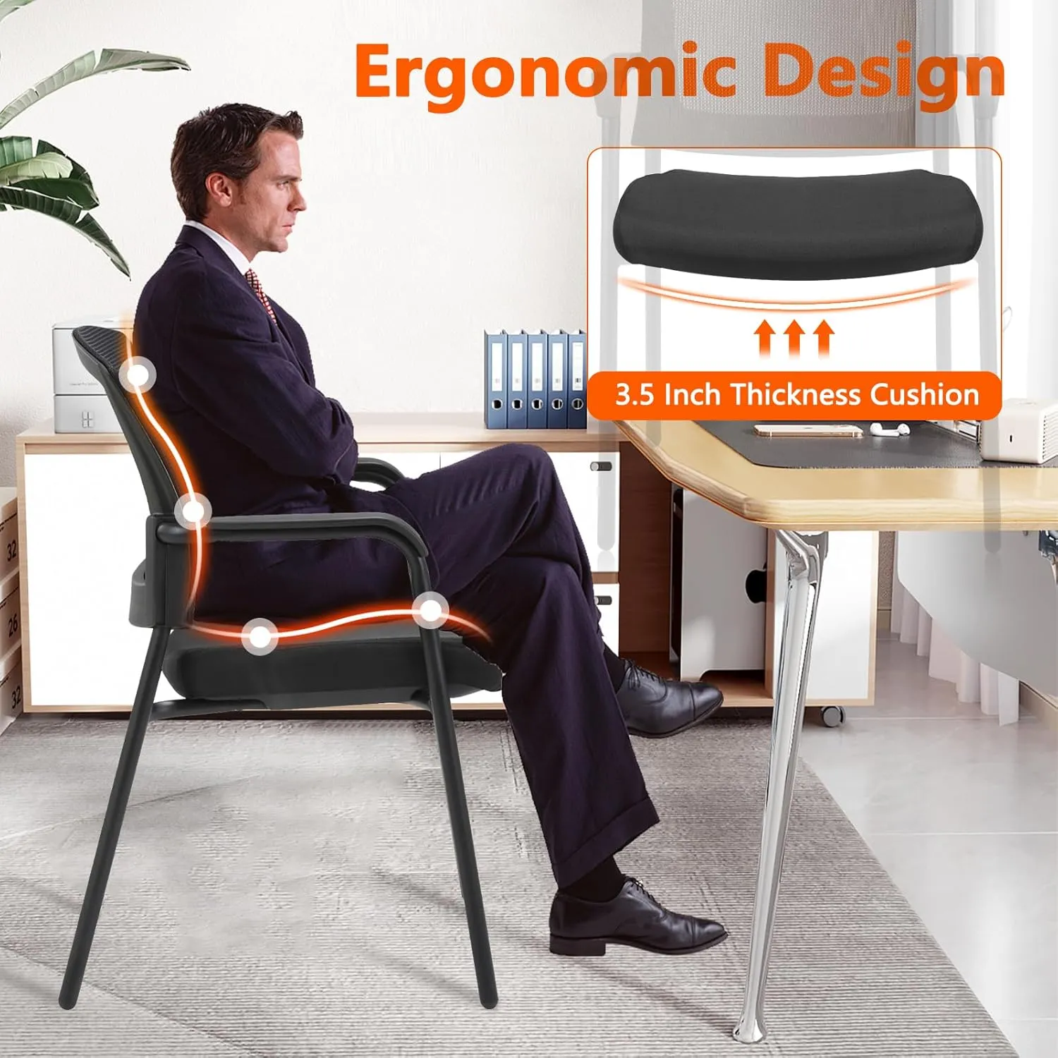 CLATINA Stacking Chairs, Stackable Waiting Room Chair No Wheels with Armrest and Lumber Support, Ergonomic Mesh Office Arm Chair Reception Guest Chairs for Home Conference Lobby Church School, Black