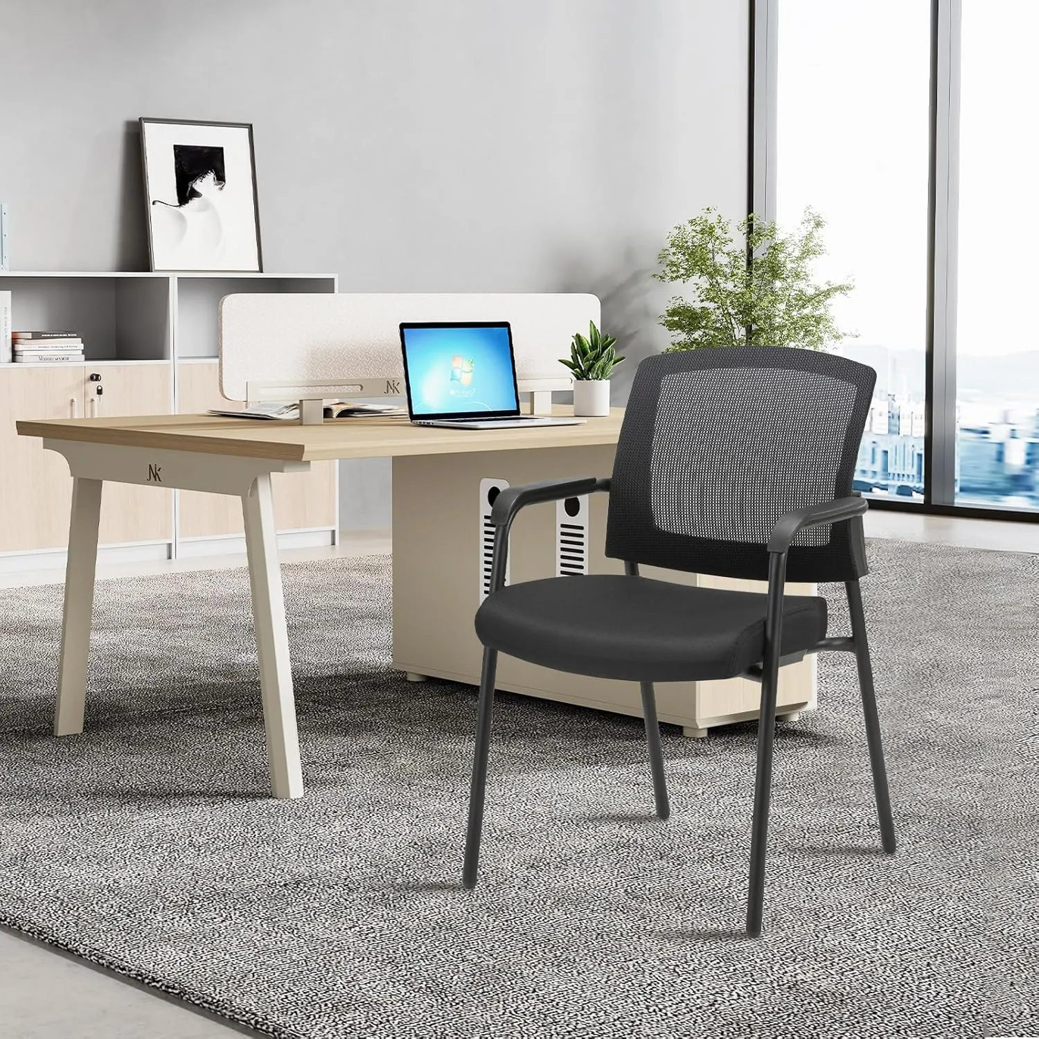 CLATINA Stacking Chairs, Stackable Waiting Room Chair No Wheels with Armrest and Lumber Support, Ergonomic Mesh Office Arm Chair Reception Guest Chairs for Home Conference Lobby Church School, Black