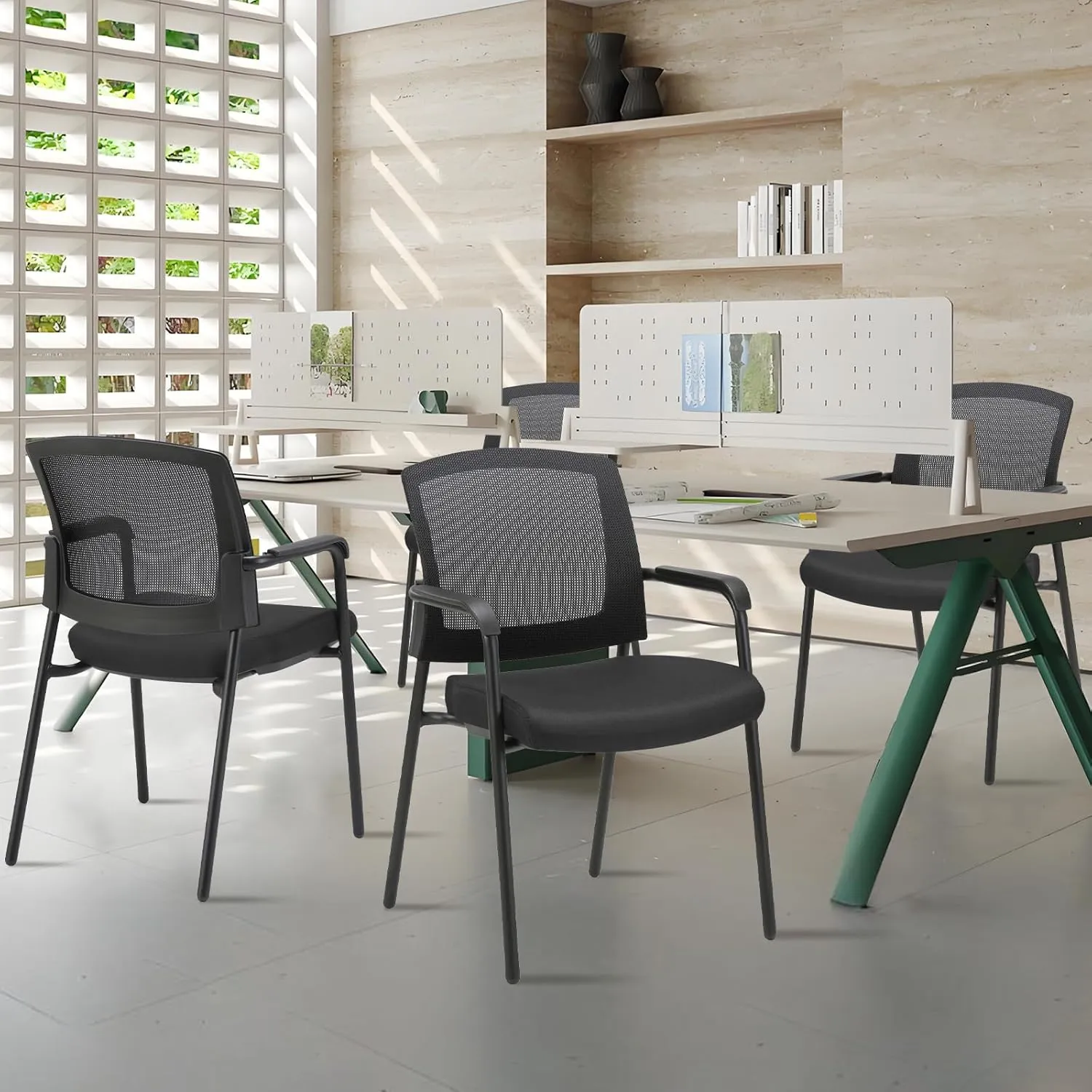 CLATINA Stacking Chairs, Stackable Waiting Room Chair No Wheels with Armrest and Lumber Support, Ergonomic Mesh Office Arm Chair Reception Guest Chairs for Home Conference Lobby Church School, Black