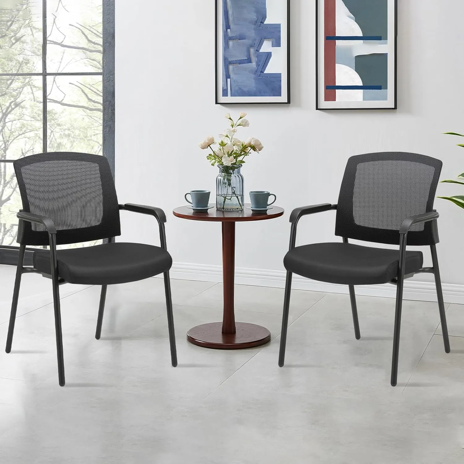 CLATINA Stacking Chairs, Stackable Waiting Room Chair No Wheels with Armrest and Lumber Support, Ergonomic Mesh Office Arm Chair Reception Guest Chairs for Home Conference Lobby Church School, Black