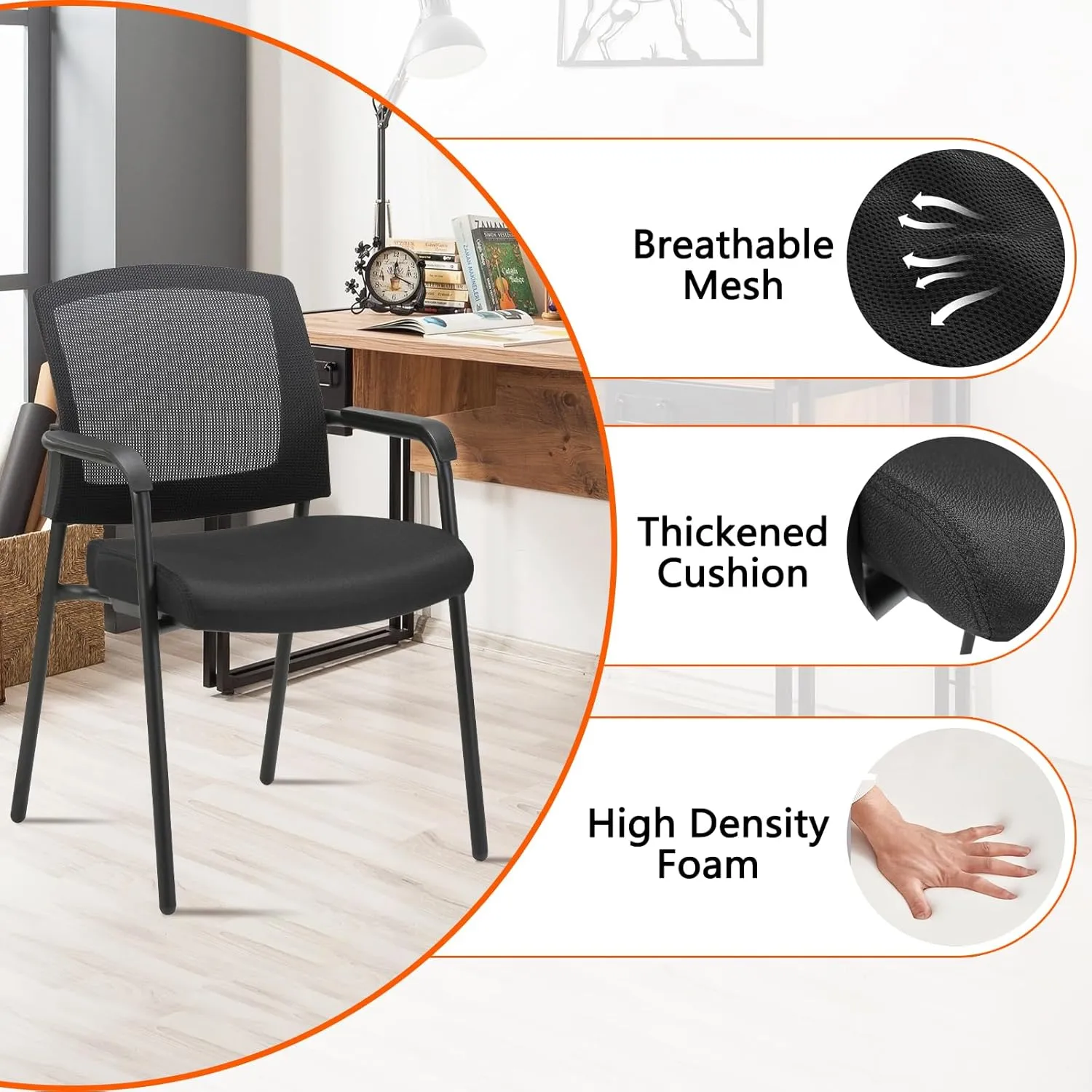 CLATINA Stacking Chairs, Stackable Waiting Room Chair No Wheels with Armrest and Lumber Support, Ergonomic Mesh Office Arm Chair Reception Guest Chairs for Home Conference Lobby Church School, Black
