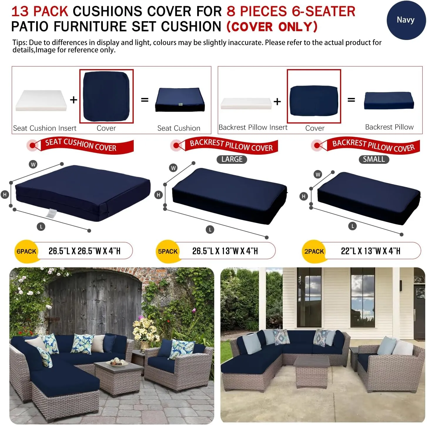 ClawsCover 13 Pack Outdoor Seat and Back Cushions Replacement Covers Fit for 8 Pieces 6-Seater Wicker Rattan Patio Furniture Conversation Set Sectional Couch Chairs,Navy-Include Cover Only