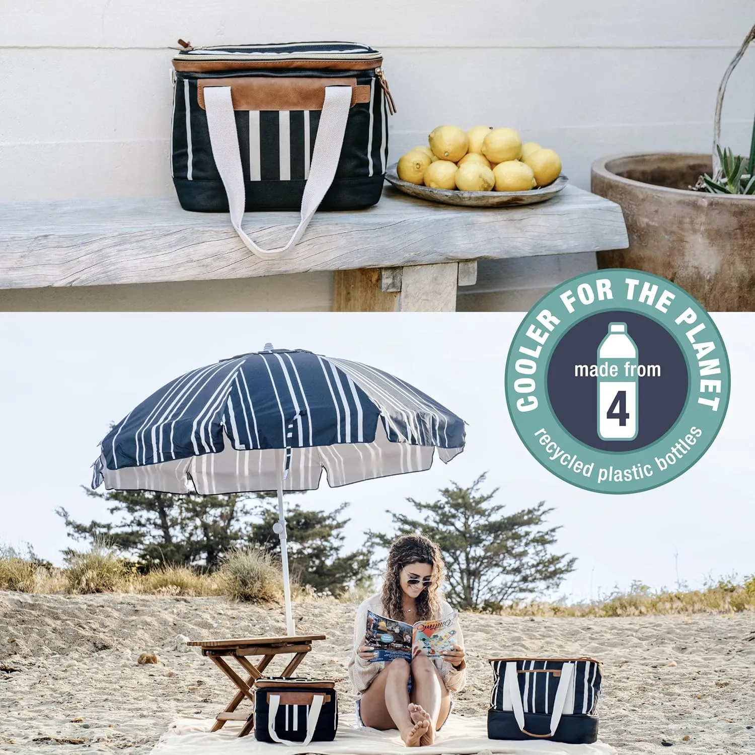 CleverMade Premium Soft Sided Malibu Cooler, 18 Can Insulated Leakproof Lunchbox for Beach, Picnics, and Work Made from Recycled Materials Navy Striped