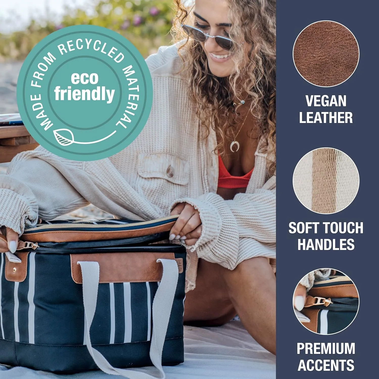 CleverMade Premium Soft Sided Malibu Cooler, 18 Can Insulated Leakproof Lunchbox for Beach, Picnics, and Work Made from Recycled Materials Navy Striped