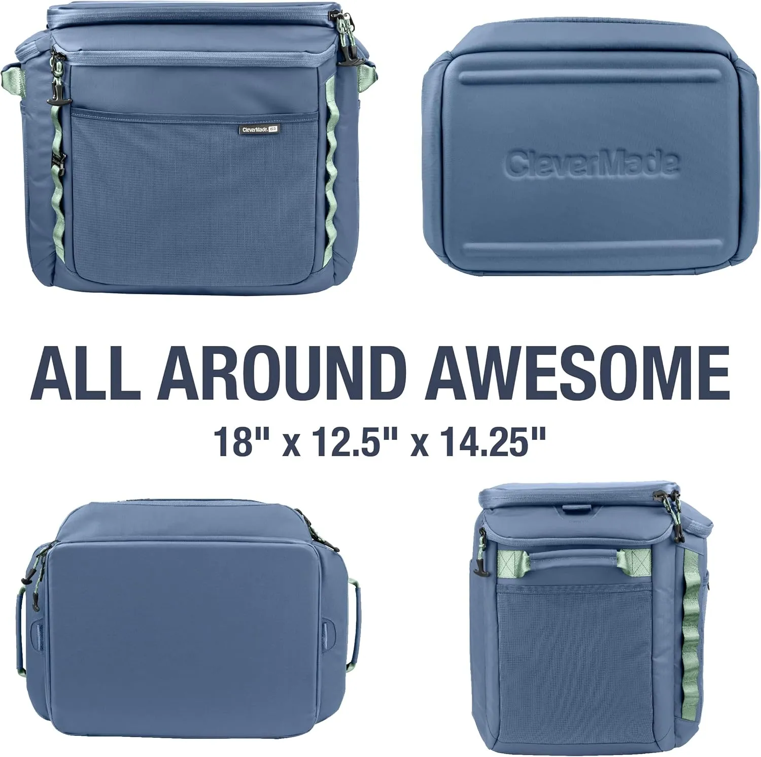 CleverMade Sequoia Collapsible Cooler Bag – 50 Can Insulated Soft Cooler Tote for Travel, Beach, Picnic – 18"x12.5"x14.25" – Twilight Blue – Durable PU/PEVA