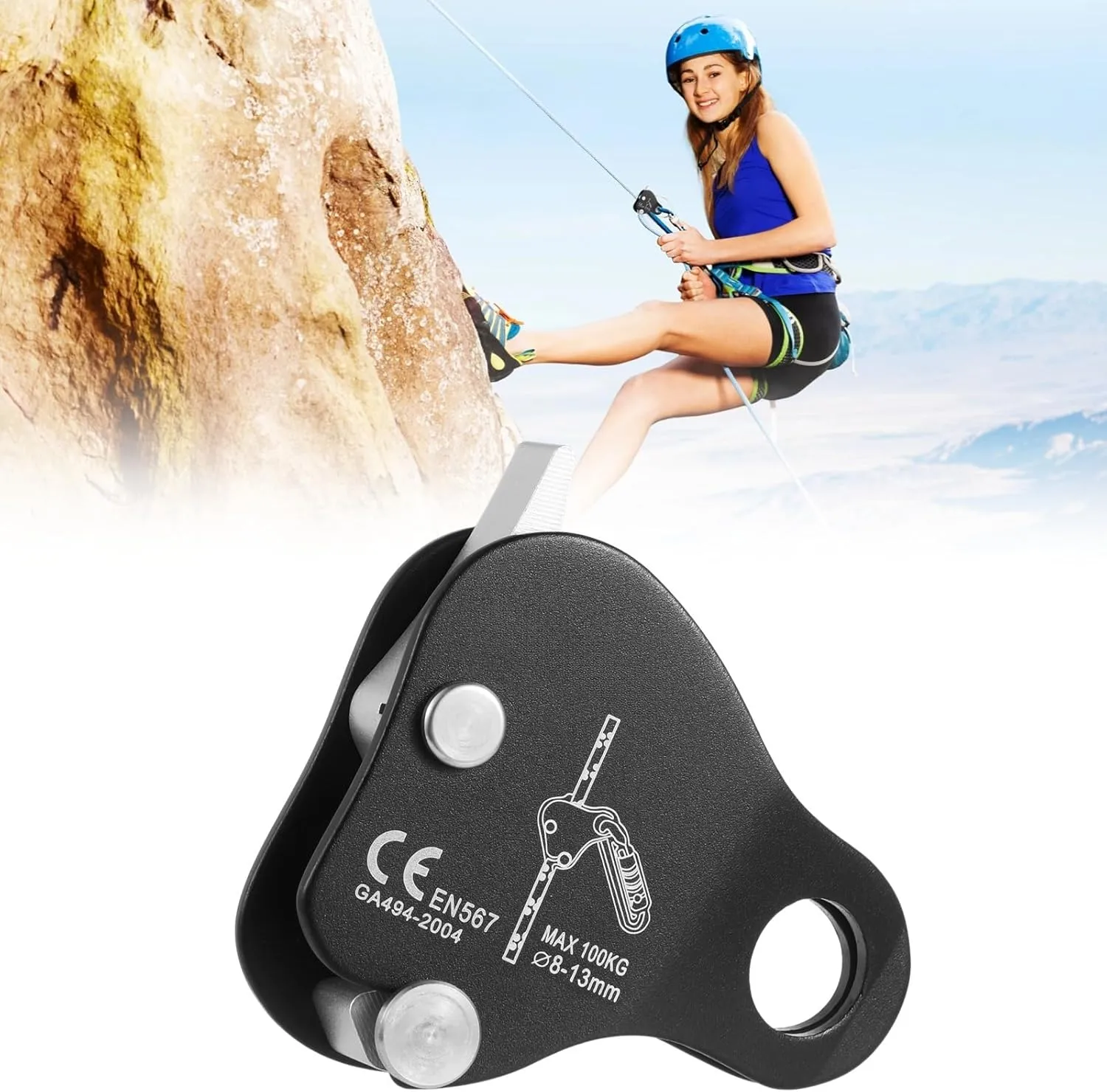 Climbing Ascender, Fall Protection Belay Device, High Strength Rappel Device Equipment for Mountaineering, Self-Locking Climbing Rope Grip Clamp, Rock Climbing Rope Grab
