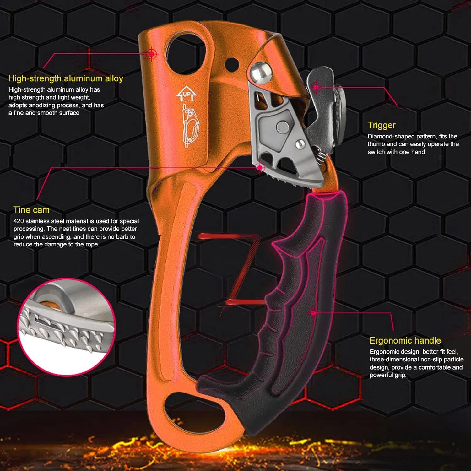 Climbing Hand Ascender Right Hand Rock Climbing Tree Arborist Rappelling Gear Equipment Rope Clamp for 8~12MM Rope