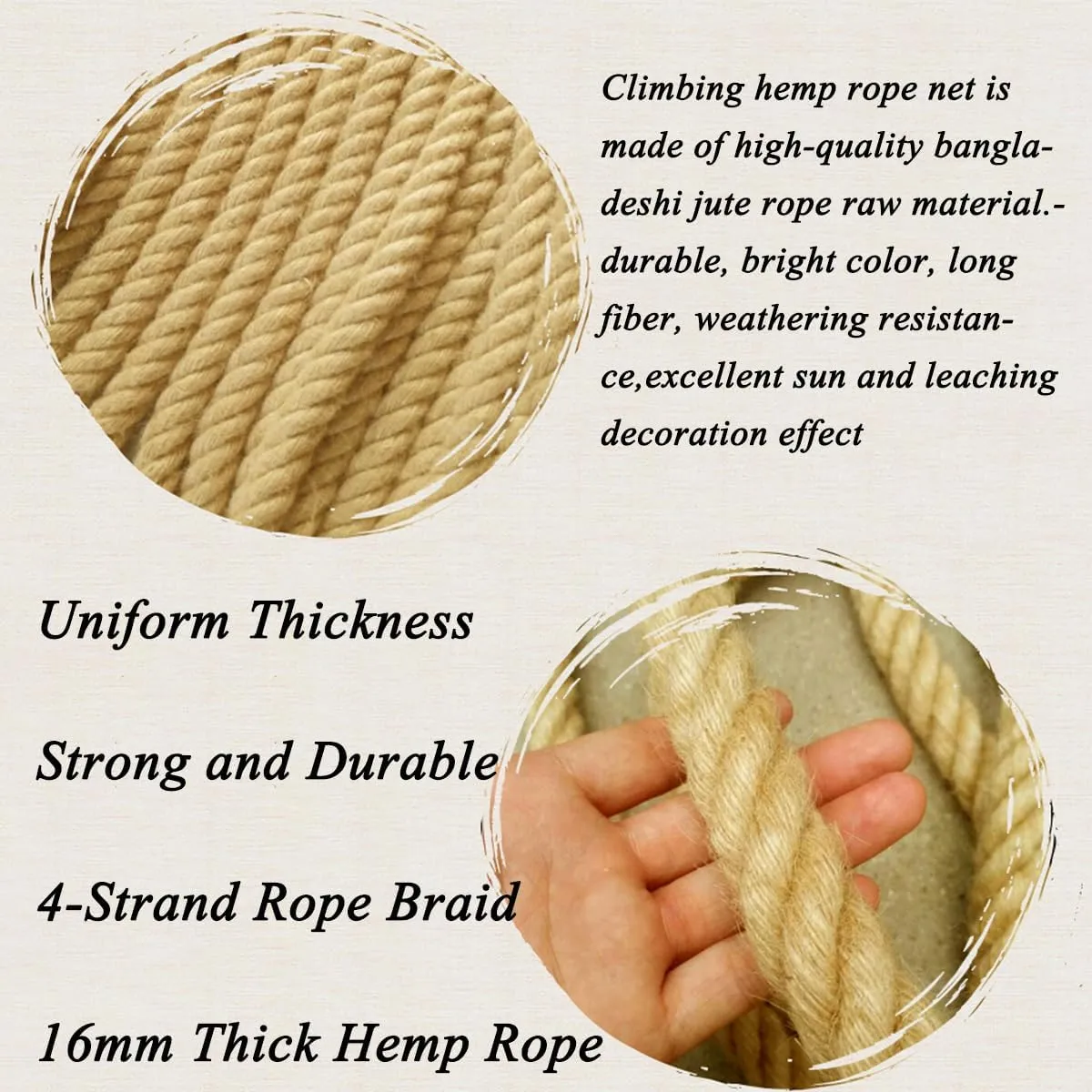 Climbing Net for Kids and Adults,16mm Thick Jute Hemp Rope Nets,Playground Play Climbing Net,Outdoor Treehouse Rope Ladder Hammock,Heavy Duty Large Military Climbing Net for Outdoor(Size:0.5mx8m)