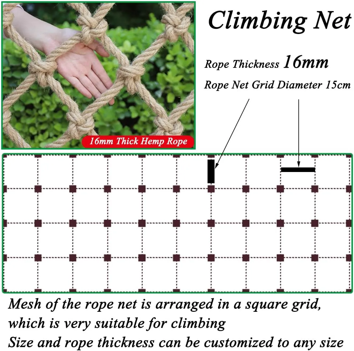 Climbing Net for Kids and Adults,16mm Thick Jute Hemp Rope Nets,Playground Play Climbing Net,Outdoor Treehouse Rope Ladder Hammock,Heavy Duty Large Military Climbing Net for Outdoor(Size:0.5mx8m)