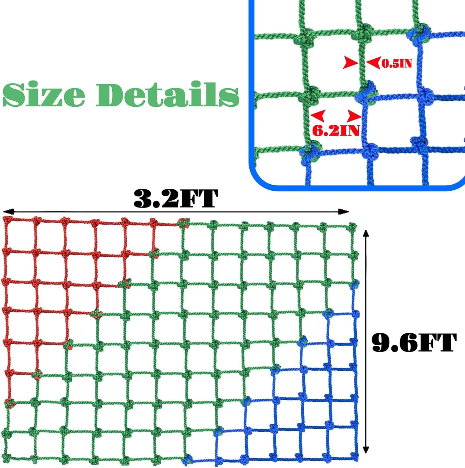 Climbing Net for Kids Outdoor,Polyester Climbing Cargo Net Spliced with 3 Colors Heavy Duty Large Military Climbing Net for Rope Ladder,Playground,Swingset,Treehouse,Jungle Gyms (3.2×9.6FT)
