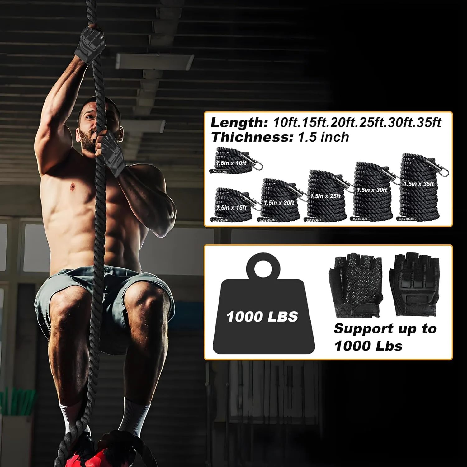Climbing Rope 1.5 Inch Diameter 10/15 / 20/30 Feet Length Gym Climbing Rope for Workout Fitness & Strength Training, Gym Rope, Exercise Climbing Rope in Black for Adults Outdoor & Indoor