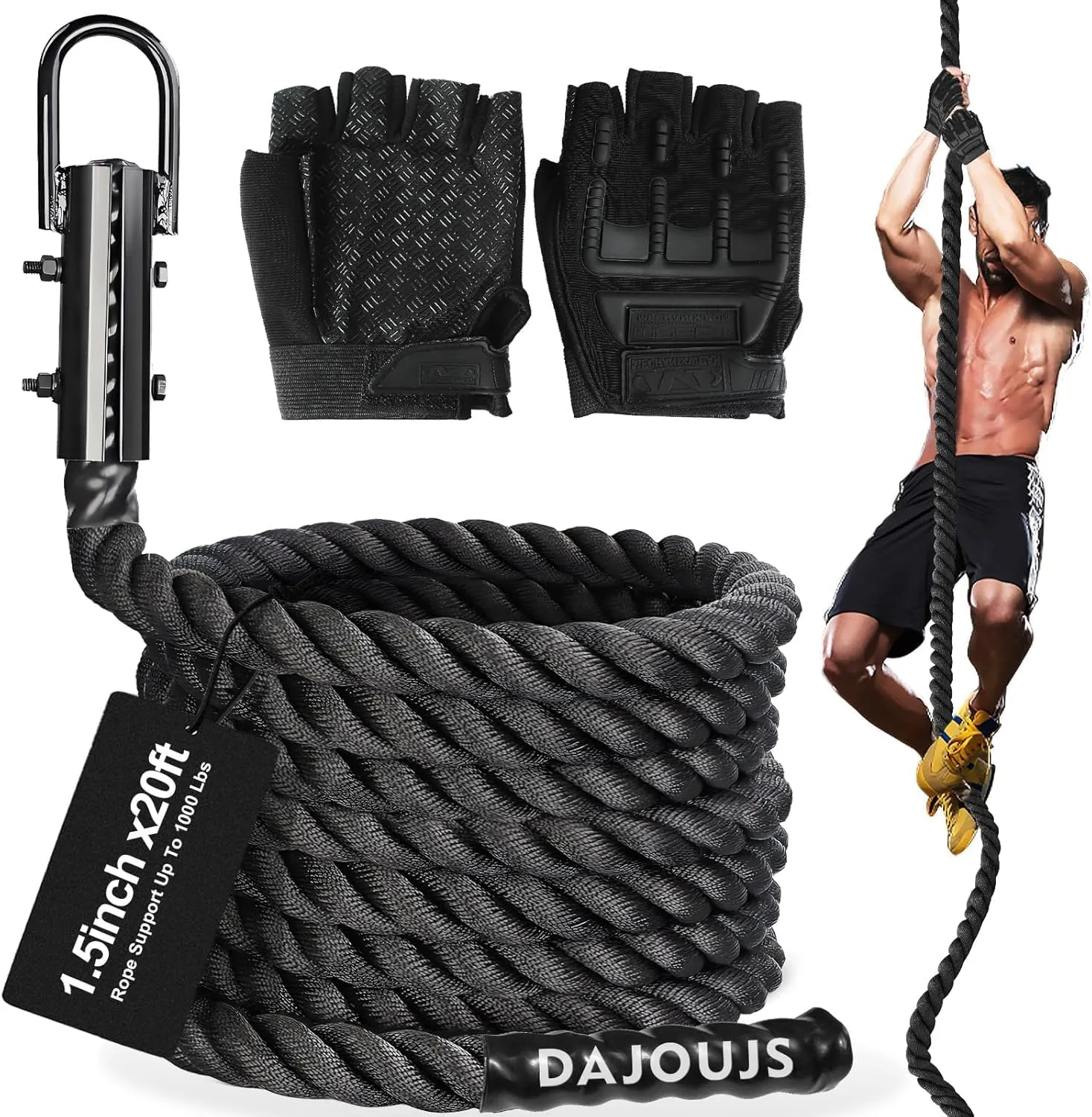Climbing Rope 1.5 Inch Diameter 10/15 / 20/30 Feet Length Gym Climbing Rope for Workout Fitness & Strength Training, Gym Rope, Exercise Climbing Rope in Black for Adults Outdoor & Indoor