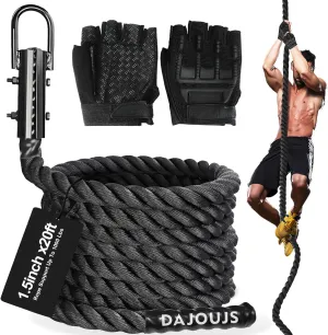 Climbing Rope 1.5 Inch Diameter 10/15 / 20/30 Feet Length Gym Climbing Rope for Workout Fitness & Strength Training, Gym Rope, Exercise Climbing Rope in Black for Adults Outdoor & Indoor