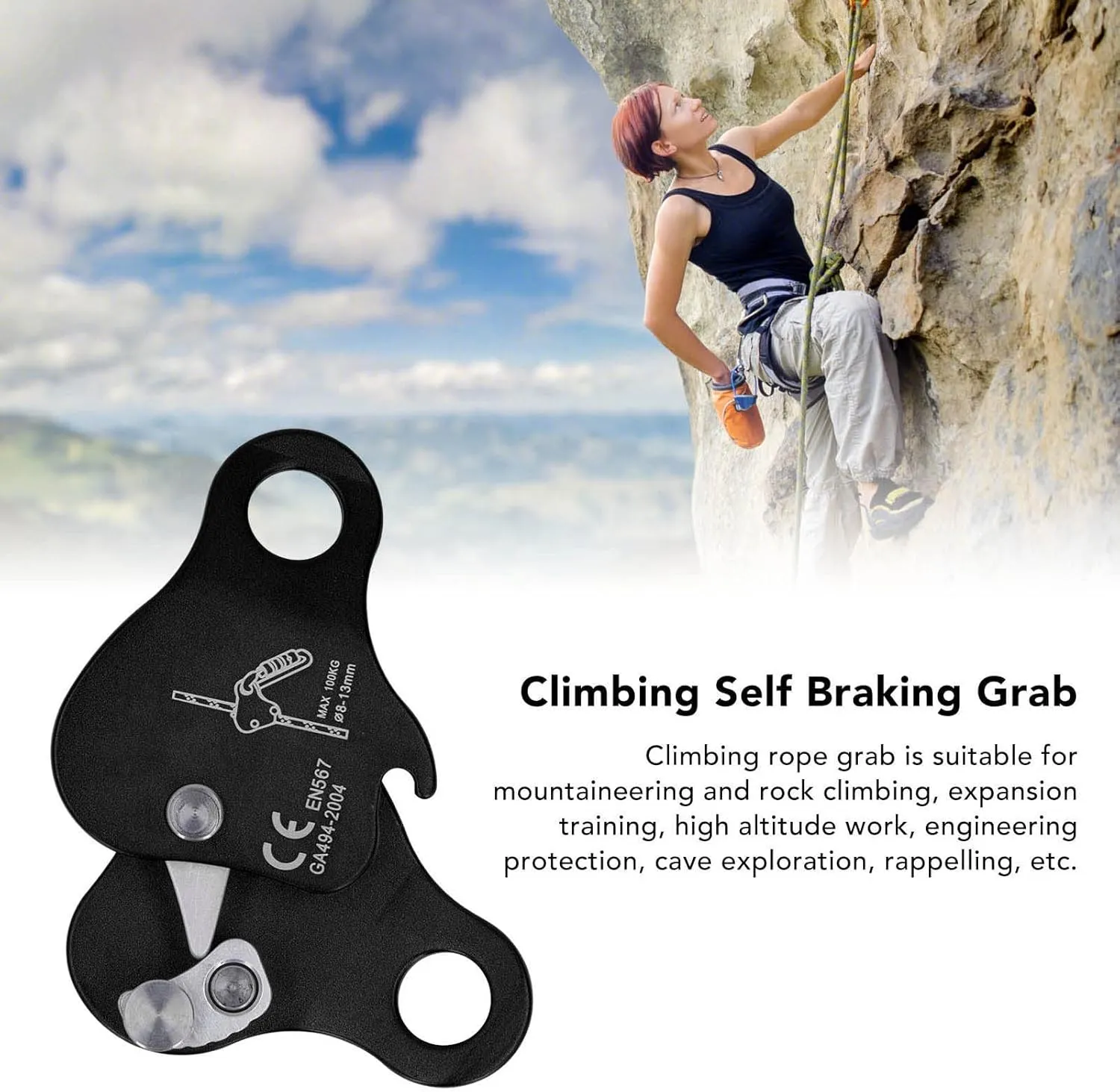 Climbing Rope Grab Aluminum Alloy Self Locking 8‑13mm Stopper Large Bent Ear Rigging Plate Heavy Duty High Strength for Rappelling Belaying Tree Aerial Silks Outdoor Mountaineering
