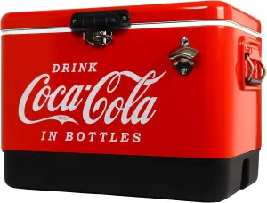 Coca-Cola Ice Chest Cooler - Portable Ice Bucket with Bottle Opener, Vintage Style, Insulated for Camping, Beach, Picnic, RV, BBQs, Tailgating, Fishing, Stainless Steel 85 Can Ice Box, 51L (54 qt)