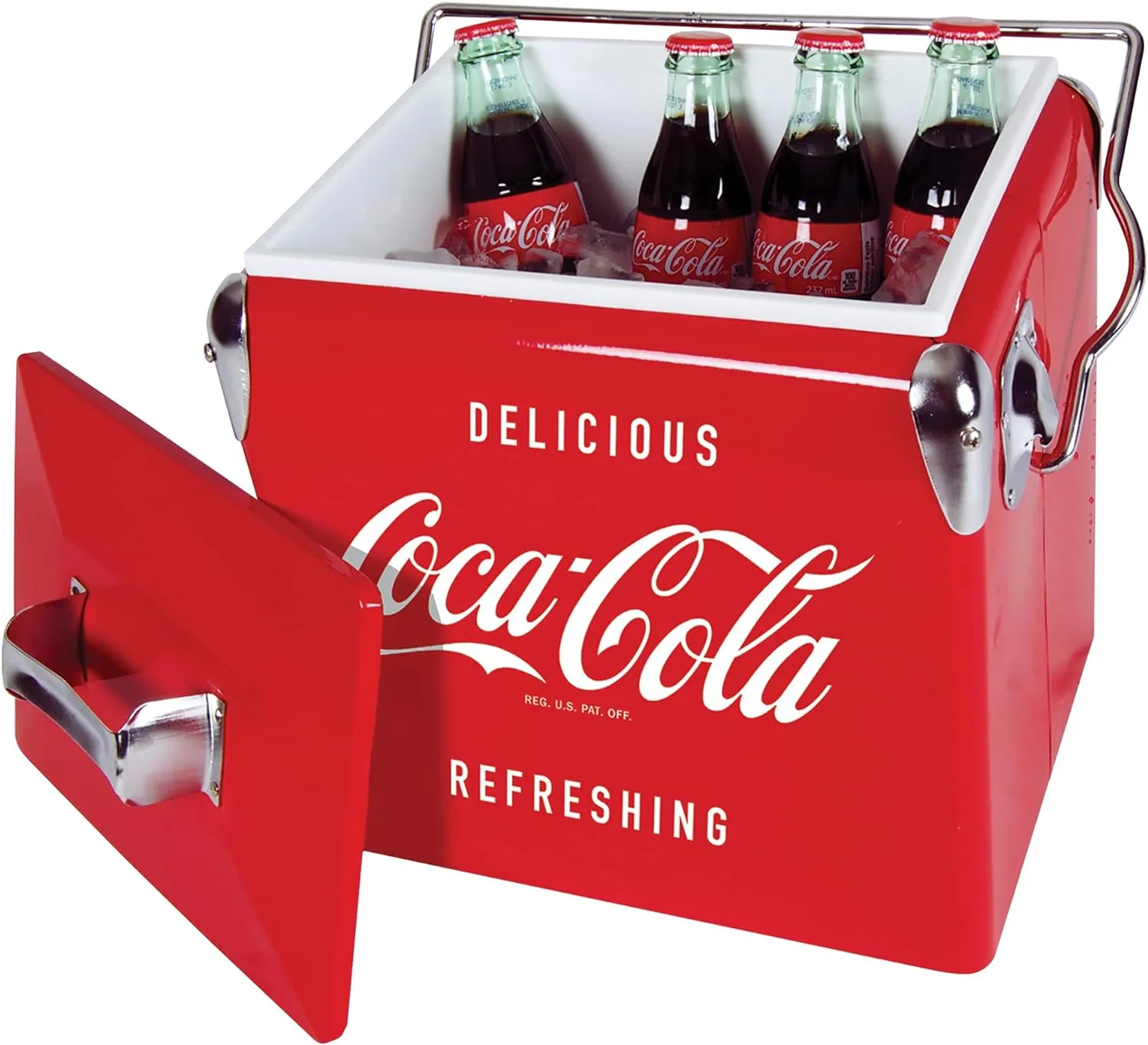 Coca-Cola Retro Ice Chest Cooler with Bottle Opener 13L (14 qt), 18 Can Capacity, Red and Silver, Vintage Style Ice Bucket for Camping, Beach, Picnic, RV, BBQs, Tailgating, Fishing