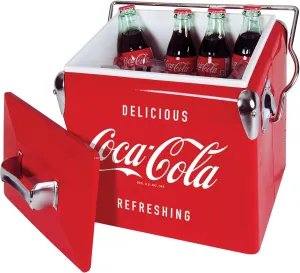 Coca-Cola Retro Ice Chest Cooler with Bottle Opener 13L (14 qt), 18 Can Capacity, Red and Silver, Vintage Style Ice Bucket for Camping, Beach, Picnic, RV, BBQs, Tailgating, Fishing