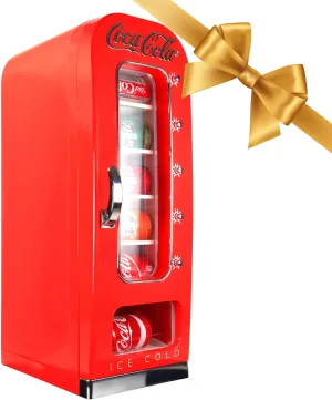 Coca-Cola Vending Machine Mini Fridge with 12V DC and 110V AC Cords 10 Can Cooler with Display Window & Push-Button Vending Action Red Unique Portable Beverage Fridge for Soft Drink Cans Retro Style