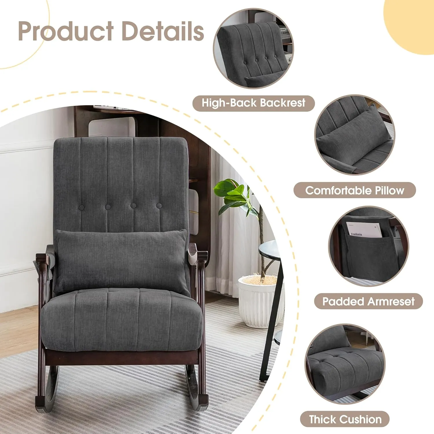 COCO DESIGN Upholstered Rocking Chair, Nursery Rocking Chair Indoor for Living Room, Modern Glider Rocker with Pillow＆Side Pocket, High Back Padded Seat Side Armchair for Old Man,Dark Grey