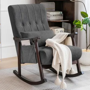 COCO DESIGN Upholstered Rocking Chair, Nursery Rocking Chair Indoor for Living Room, Modern Glider Rocker with Pillow＆Side Pocket, High Back Padded Seat Side Armchair for Old Man,Dark Grey