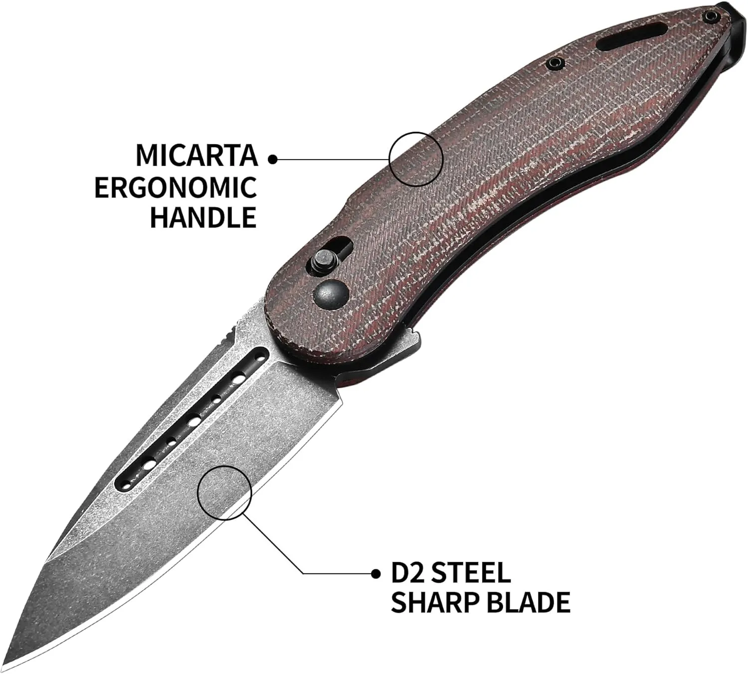 Cohesion Pocket Knives & Folding Knives - D2 Steel Blade Micarta Handle Reversible Pocket Clip, EDC Knife for Camping