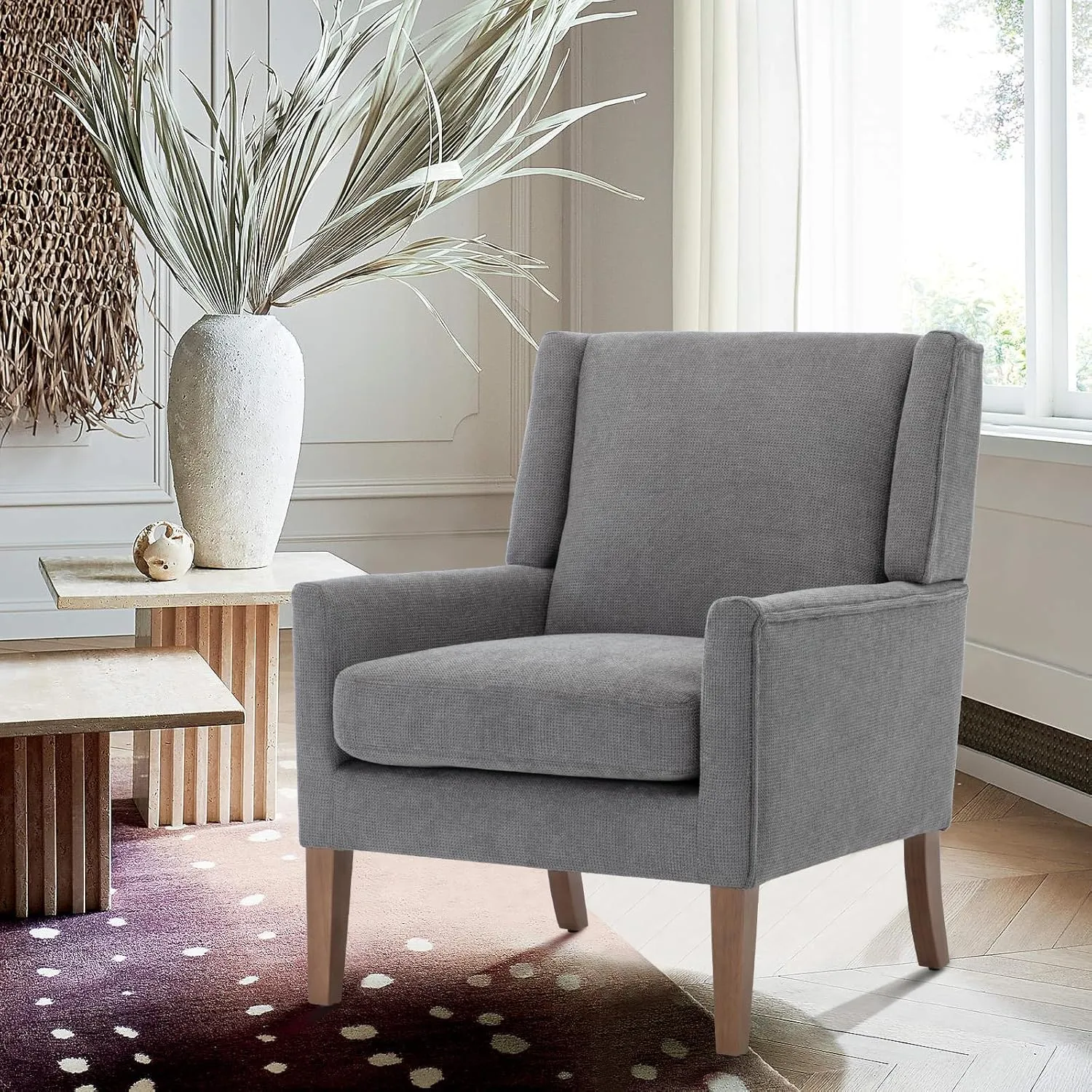 COLAMY Modern Wingback Living Room Chair, Upholstered Fabric Accent Armchair, Single Sofa Chair with Lounge Seat and Wood Legs for Bedroom/Office/Reading Spaces, Gery