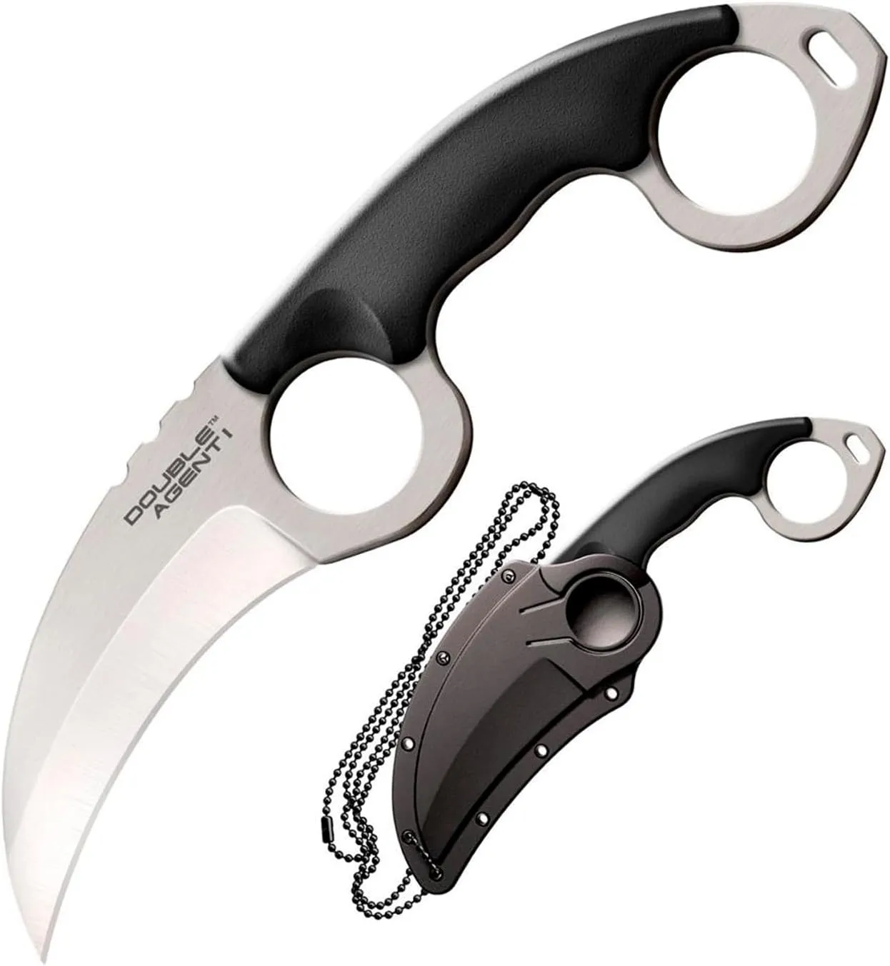Cold Steel Double Agent Durable Lightweight Japanese AUS8A Steel Karambit Shape 3" Fixed Blade Tactical Outdoor Hunting Knife, Kray-Ex Handle, Secure-Ex Sheath