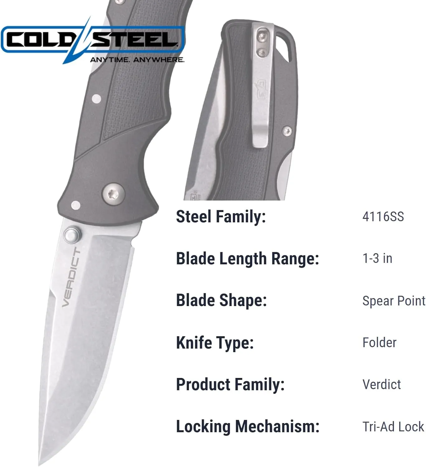 Cold Steel Verdict 3" 4116SS Spear Point Blade 4.25" GFN Handle Everyday Carry Tactical Folding Knife with Tri-Ad Locking Mechanism