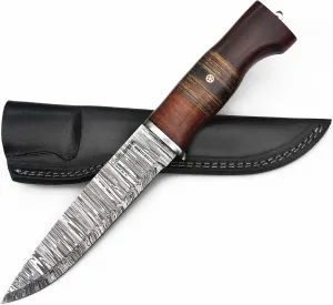 ColdLand Scandinavian Style Damascus Knife - 12 Inch Full Tang Bushcraft Knife with Pakka Wood & Rose Wood Handle - Fixed Blade Knives for Skinning, Camping, Hiking & EDC - NAK34