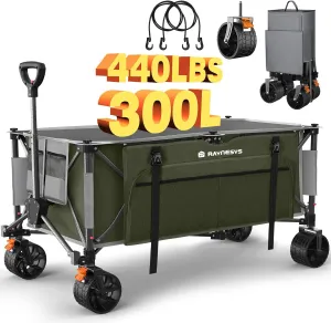 Collapsible Wagon Cart with Wheels, 440lbs 300L Heavy Duty Folding Wagon, Foldable for Sports, Beach, Grocery, Camping - Upgraded Effortless Elegance, Green/Grey