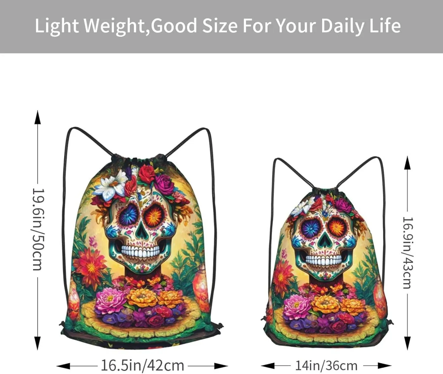Colorful Flower Skulls Drawstring Cinch Backpack Polyester Sack Pack String Bag For Hiking Camping Adventure