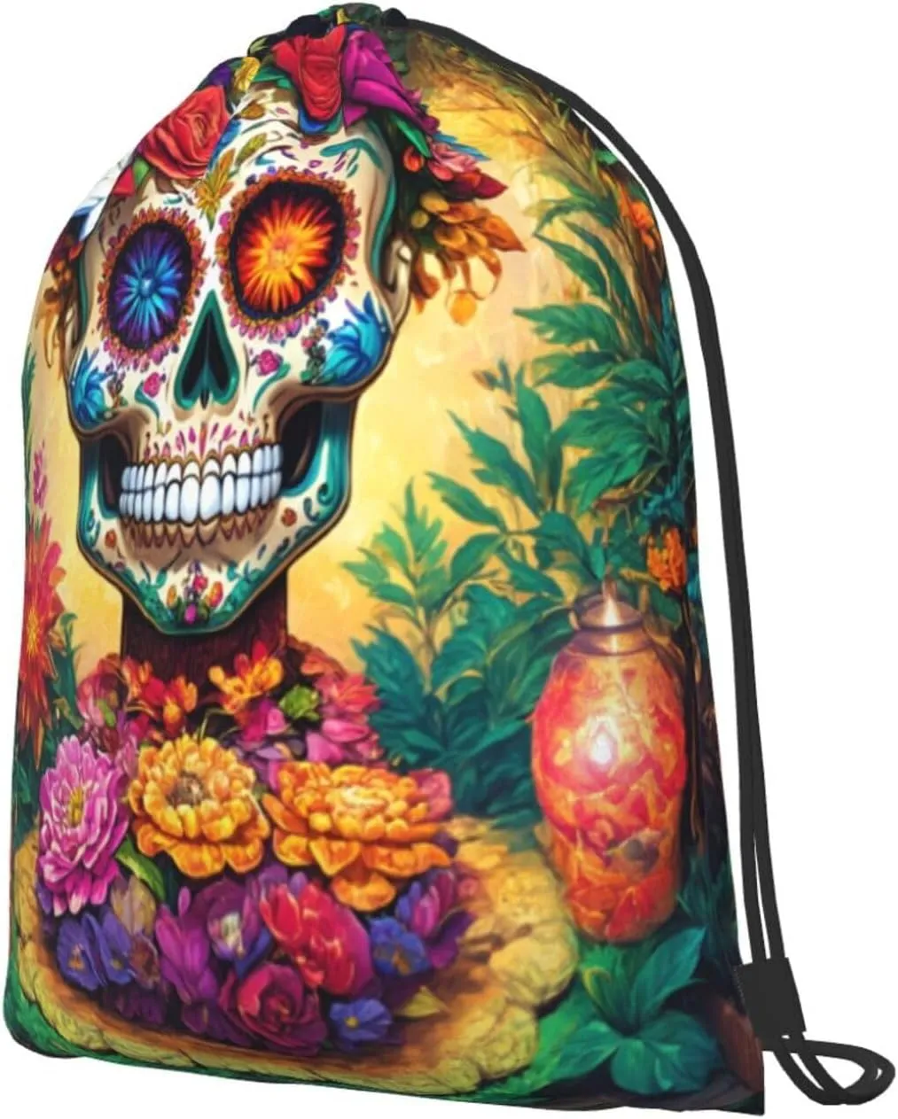 Colorful Flower Skulls Drawstring Cinch Backpack Polyester Sack Pack String Bag For Hiking Camping Adventure