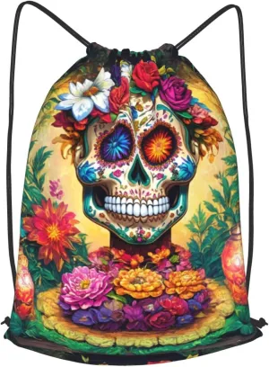 Colorful Flower Skulls Drawstring Cinch Backpack Polyester Sack Pack String Bag For Hiking Camping Adventure