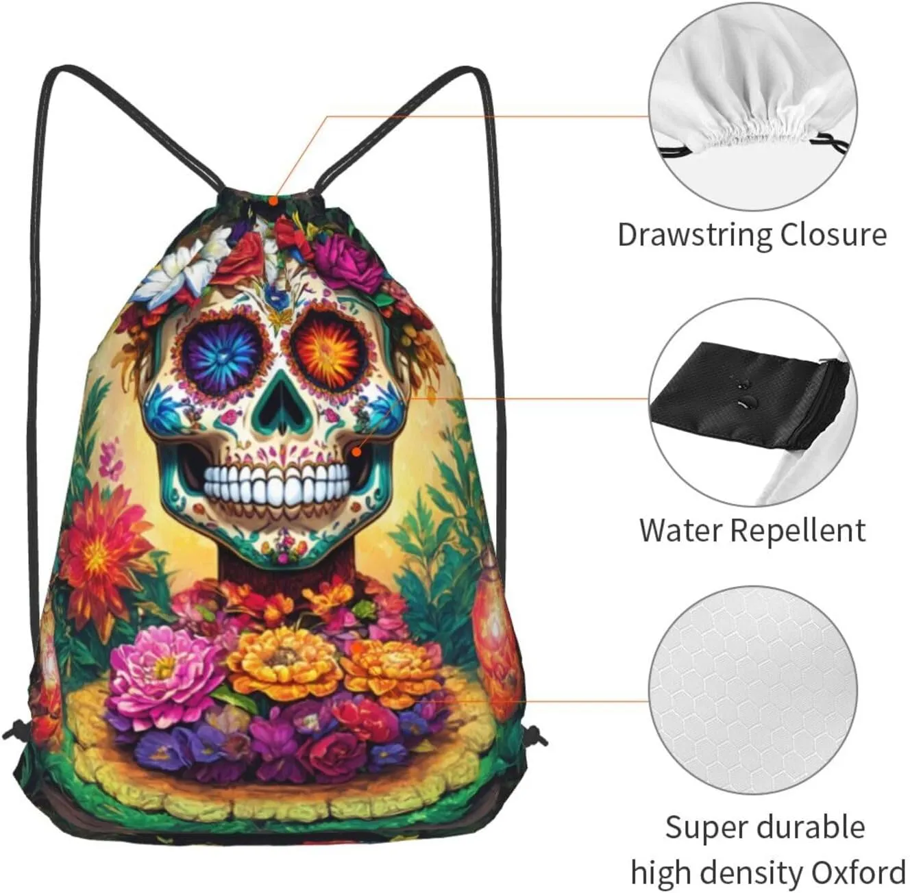 Colorful Flower Skulls Drawstring Cinch Backpack Polyester Sack Pack String Bag For Hiking Camping Adventure