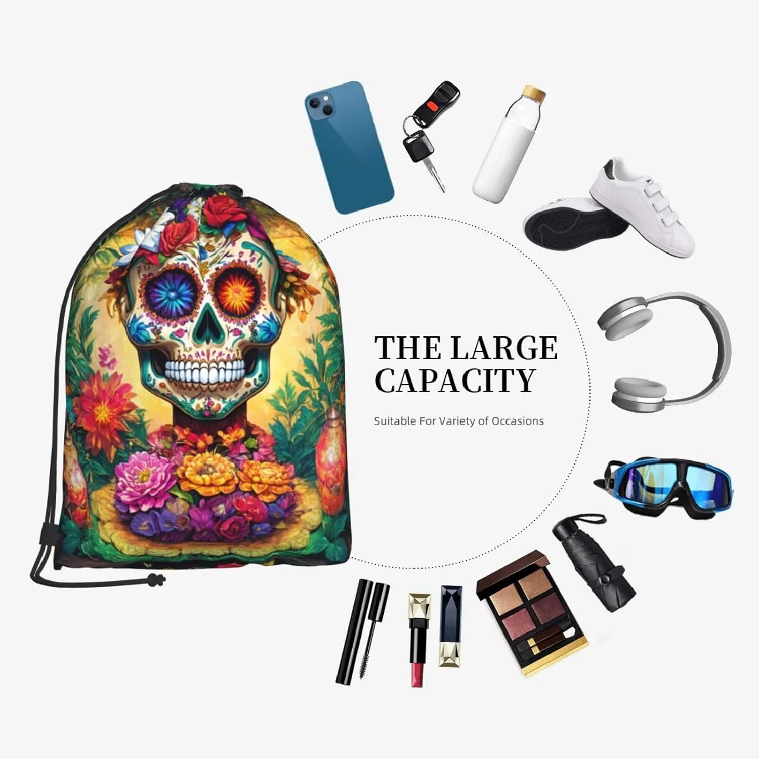 Colorful Flower Skulls Drawstring Cinch Backpack Polyester Sack Pack String Bag For Hiking Camping Adventure
