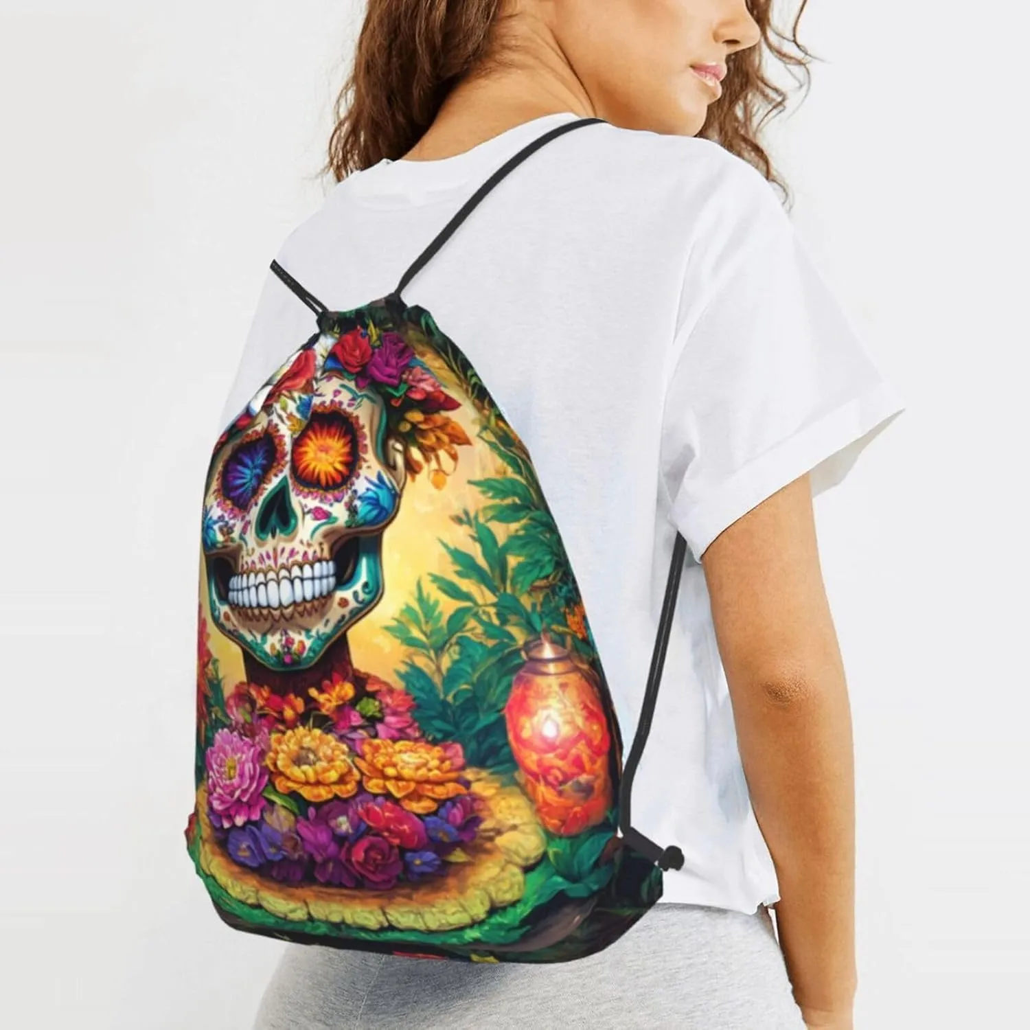 Colorful Flower Skulls Drawstring Cinch Backpack Polyester Sack Pack String Bag For Hiking Camping Adventure