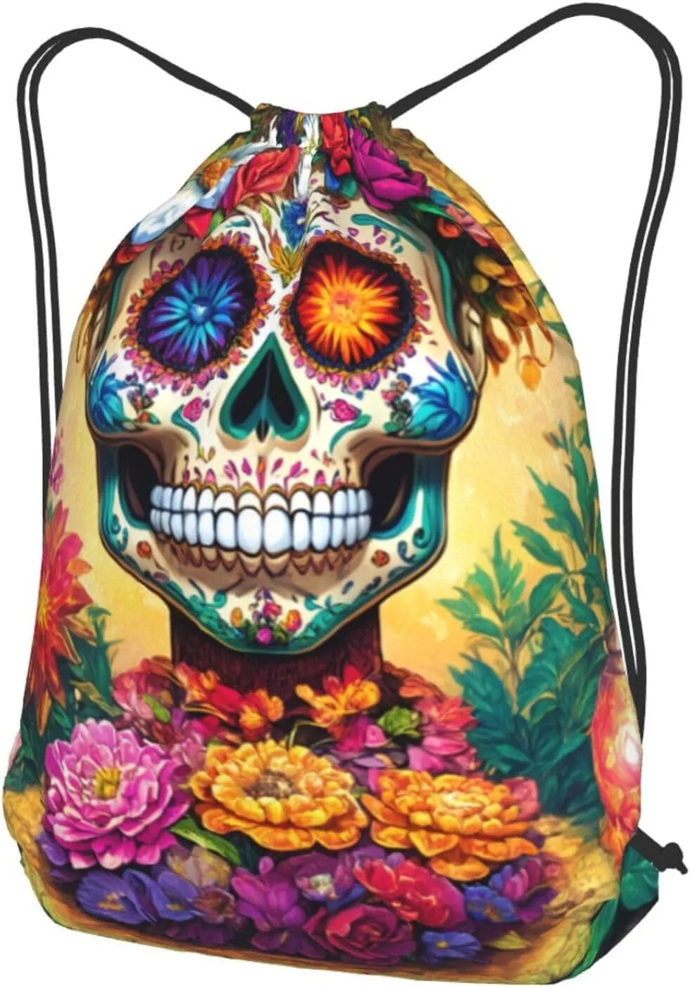 Colorful Flower Skulls Drawstring Cinch Backpack Polyester Sack Pack String Bag For Hiking Camping Adventure