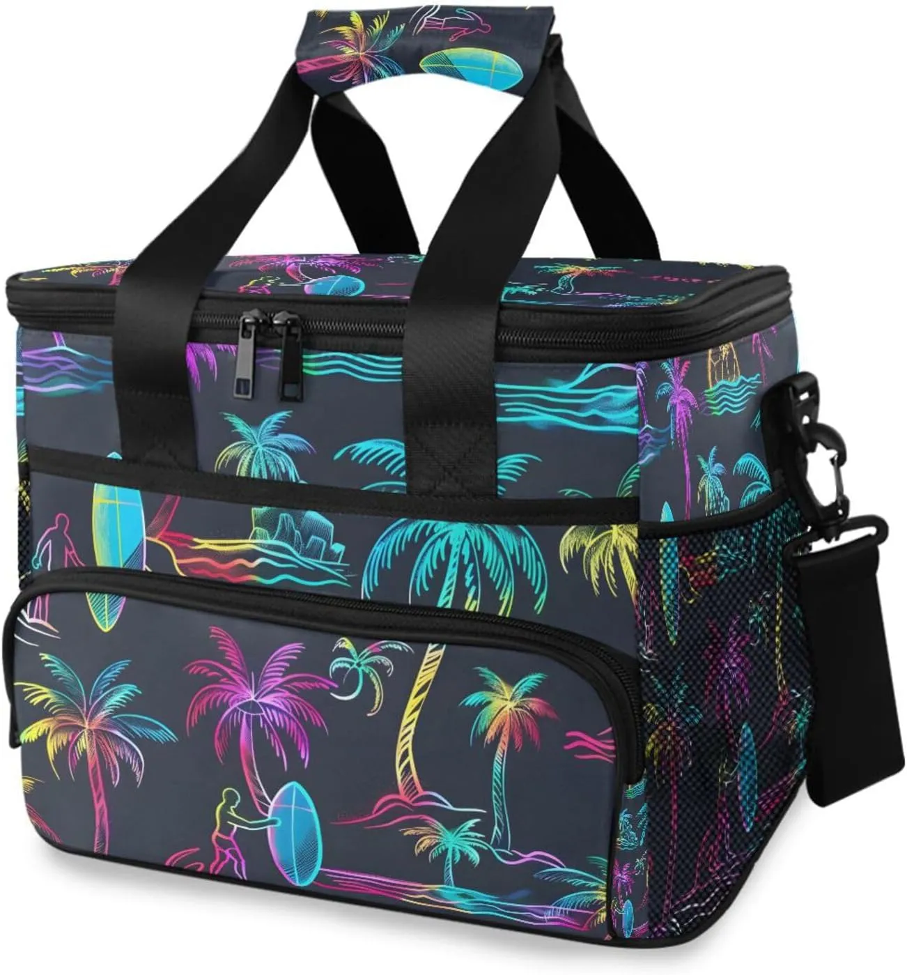 Colorful Neon Palm Trees Cooler Bag Insulated Cooler Soft Sided Cooler 24 Can Portable Picnic Bag Large Leakproof Lunch Bag Box for Beach Grocery Camping Travel Car Men Women