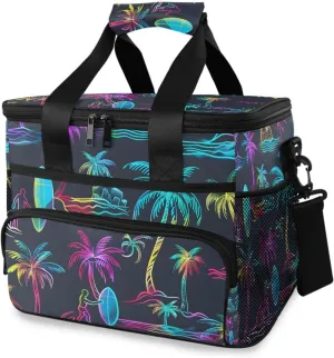 Colorful Neon Palm Trees Cooler Bag Insulated Cooler Soft Sided Cooler 24 Can Portable Picnic Bag Large Leakproof Lunch Bag Box for Beach Grocery Camping Travel Car Men Women