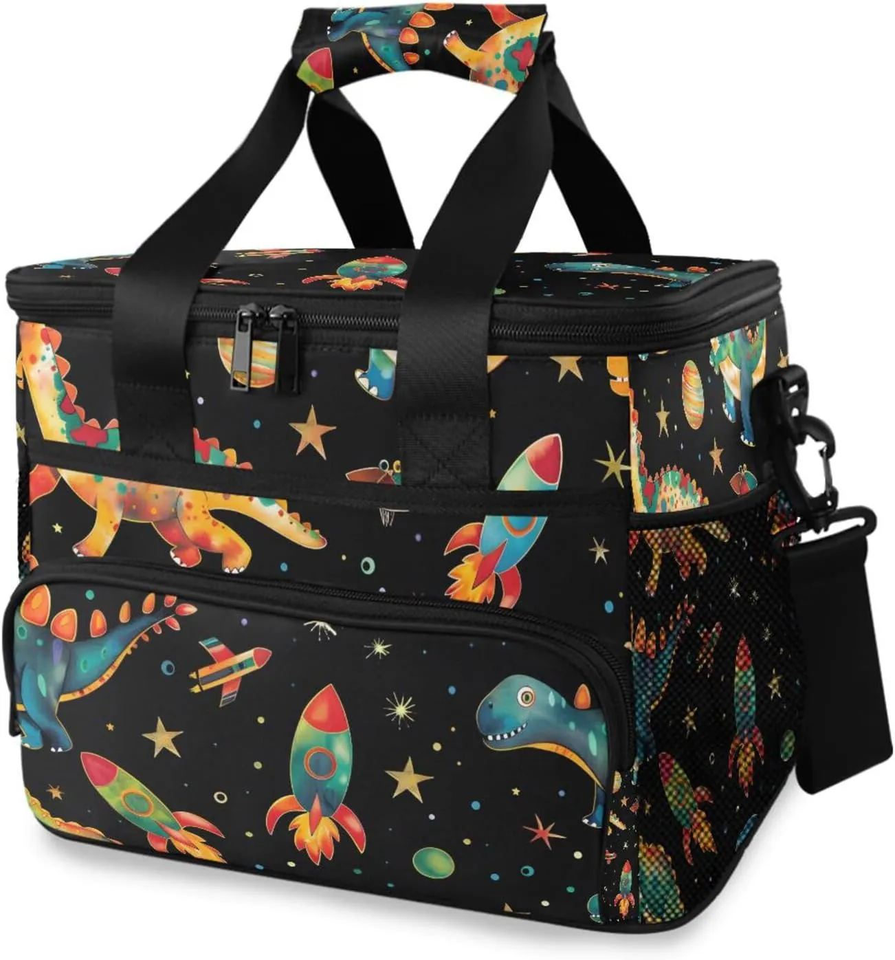 Colorful Space Dinosaur Rocket Cooler Bag Insulated Cooler Soft Sided Cooler 24 Can Portable Picnic Bag Large Leakproof Lunch Bag Box for Beach Grocery Camping Travel Car Men Women