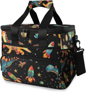Colorful Space Dinosaur Rocket Cooler Bag Insulated Cooler Soft Sided Cooler 24 Can Portable Picnic Bag Large Leakproof Lunch Bag Box for Beach Grocery Camping Travel Car Men Women