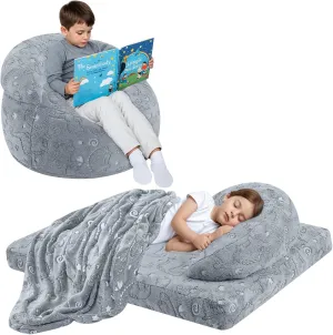 COMAX Bean Bag Chair for Kids, Dinosaur Convertible Toddler Beanbag Bed, Children Bean Chair Stuffed to Floor Mattress with Filler, Grey Dino