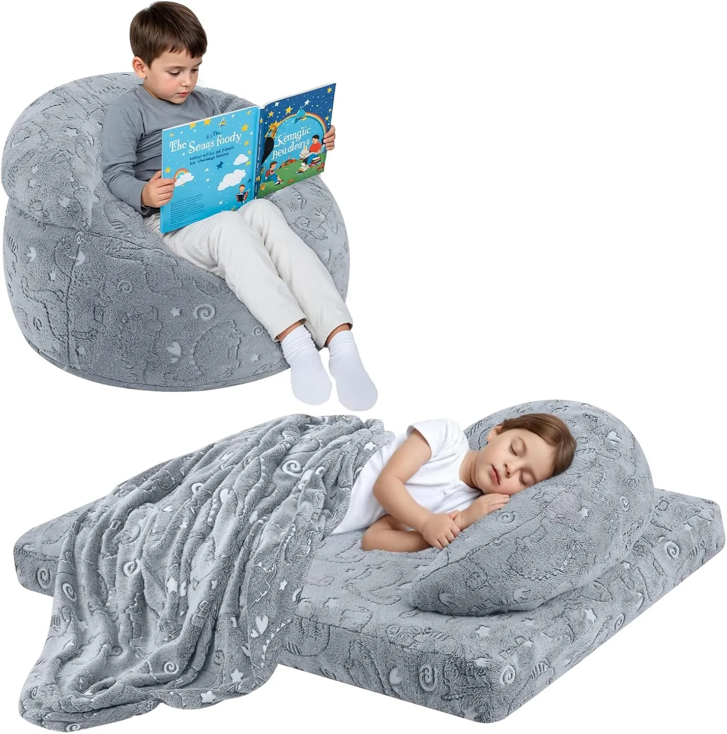 COMAX Bean Bag Chair for Kids, Dinosaur Convertible Toddler Beanbag Bed, Children Bean Chair Stuffed to Floor Mattress with Filler, Grey Dino
