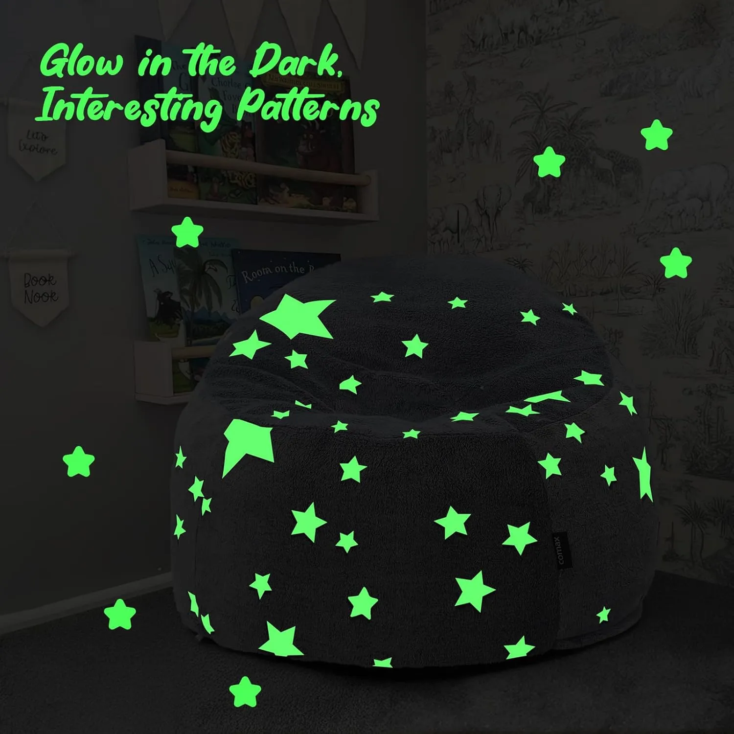 COMAX Bean Bag Chairs for Kids, Toddler BeanBag Sofa with Filler Bean Couch Stuffed for Boys and Girls, Lazy Floor Chair for Playroom, Nursery Room, Glowing Grey Star