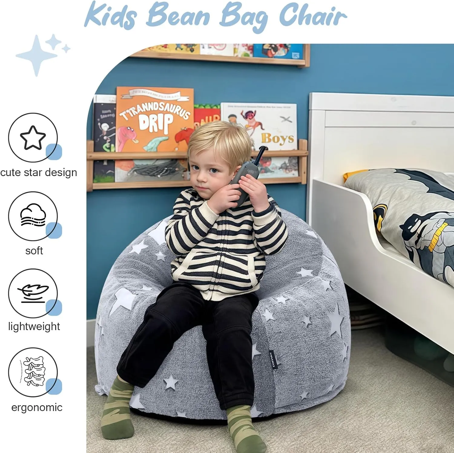 COMAX Bean Bag Chairs for Kids, Toddler BeanBag Sofa with Filler Bean Couch Stuffed for Boys and Girls, Lazy Floor Chair for Playroom, Nursery Room, Glowing Grey Star