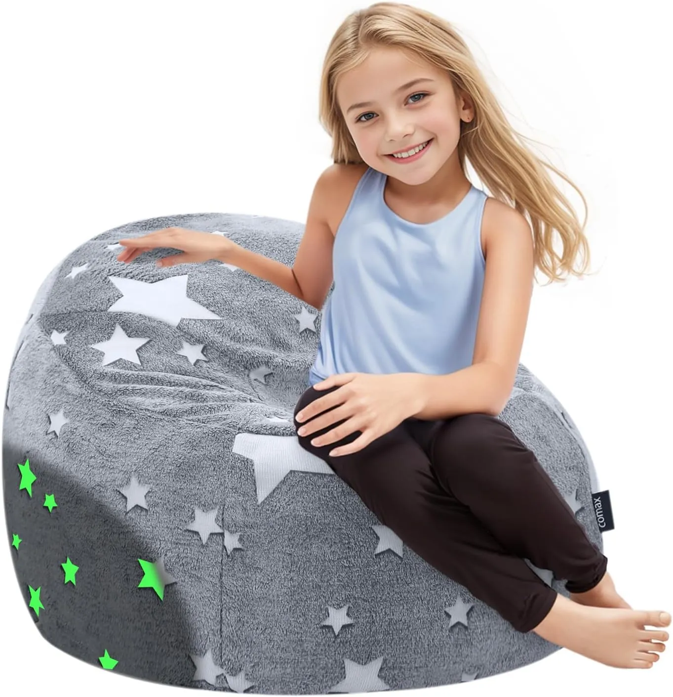 COMAX Bean Bag Chairs for Kids, Toddler BeanBag Sofa with Filler Bean Couch Stuffed for Boys and Girls, Lazy Floor Chair for Playroom, Nursery Room, Glowing Grey Star