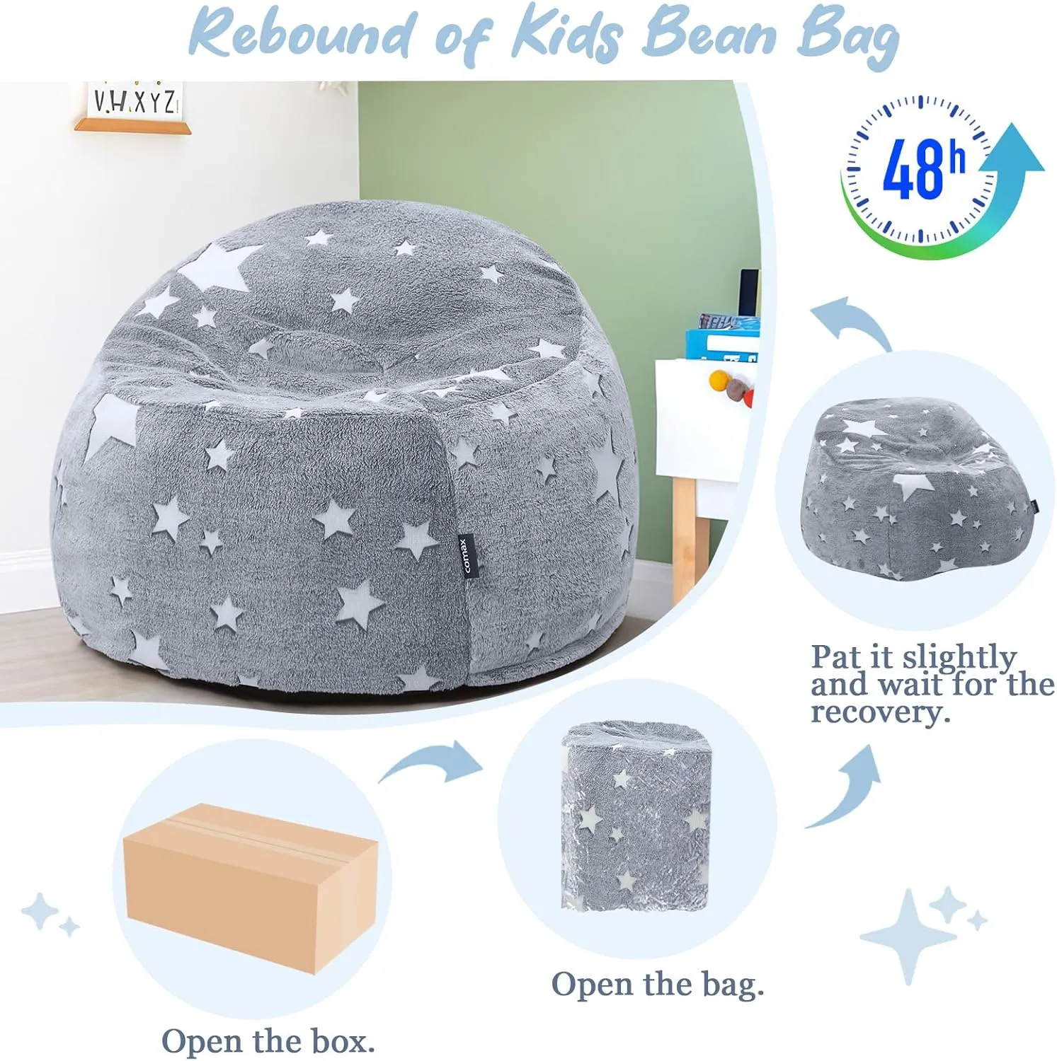 COMAX Bean Bag Chairs for Kids, Toddler BeanBag Sofa with Filler Bean Couch Stuffed for Boys and Girls, Lazy Floor Chair for Playroom, Nursery Room, Glowing Grey Star